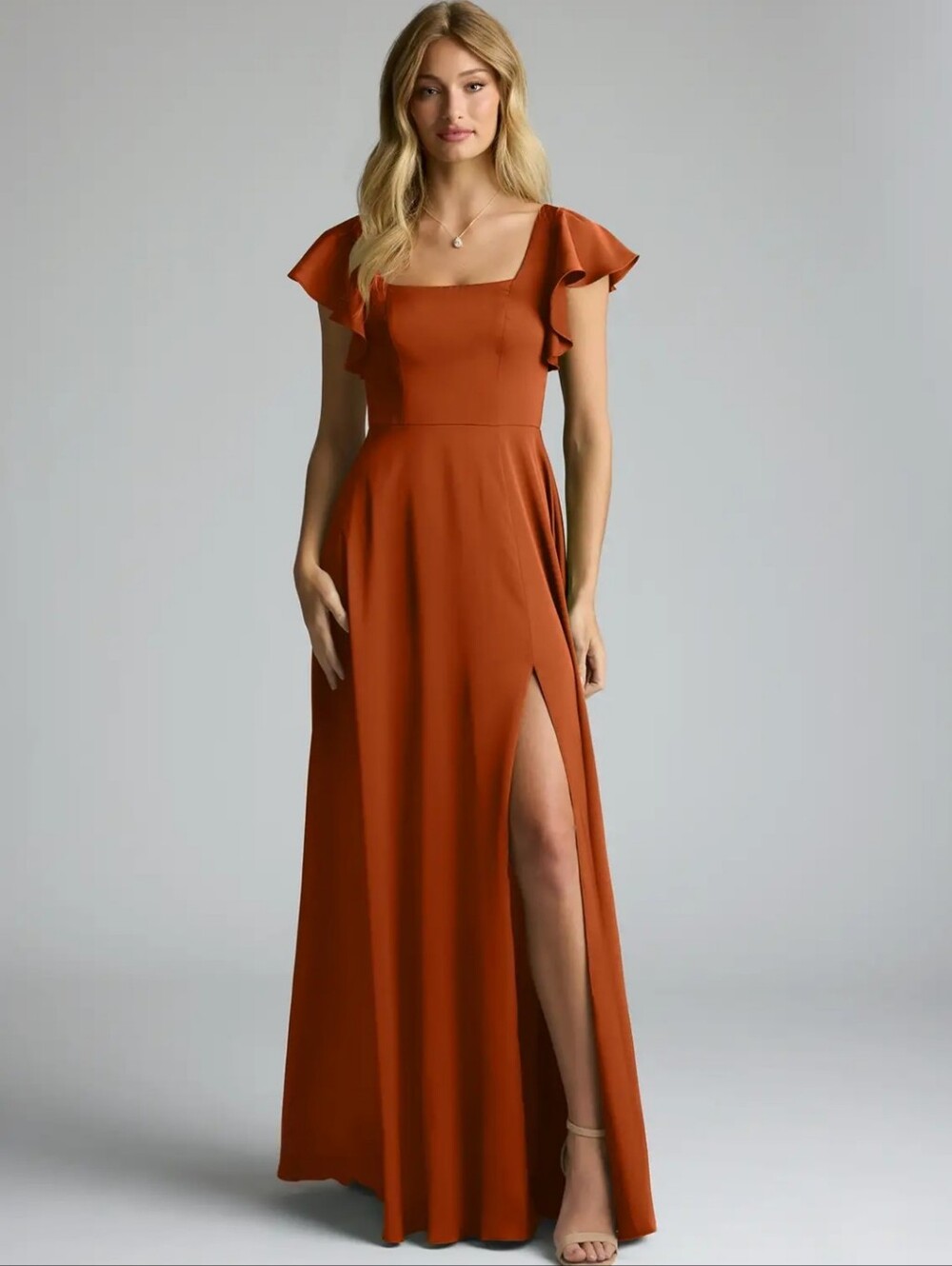 Azazie Rust Square-Neck Maxi with Flutter Sleeves